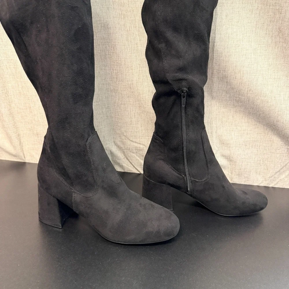 Liz Claiborne Over The Knee‎ Boots Women's 7.5M Black Suede Block Heels Timeless
